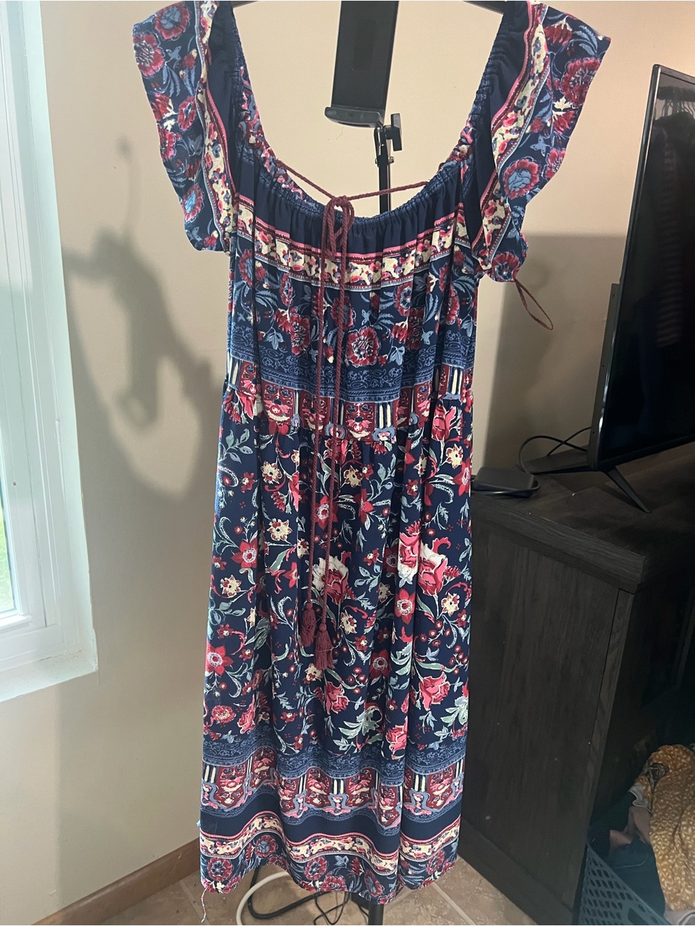 Knox Rose Navy Floral Off-Shoulder Mini Dress with Pink Accents 2238